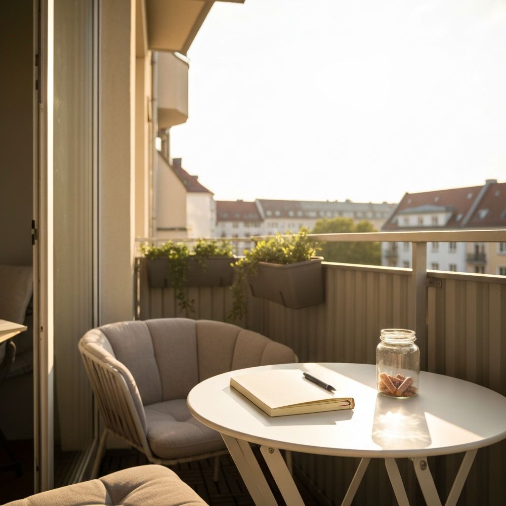 Balkontisch mit Notizbuch, Supplement-Glas und Sonnenlicht