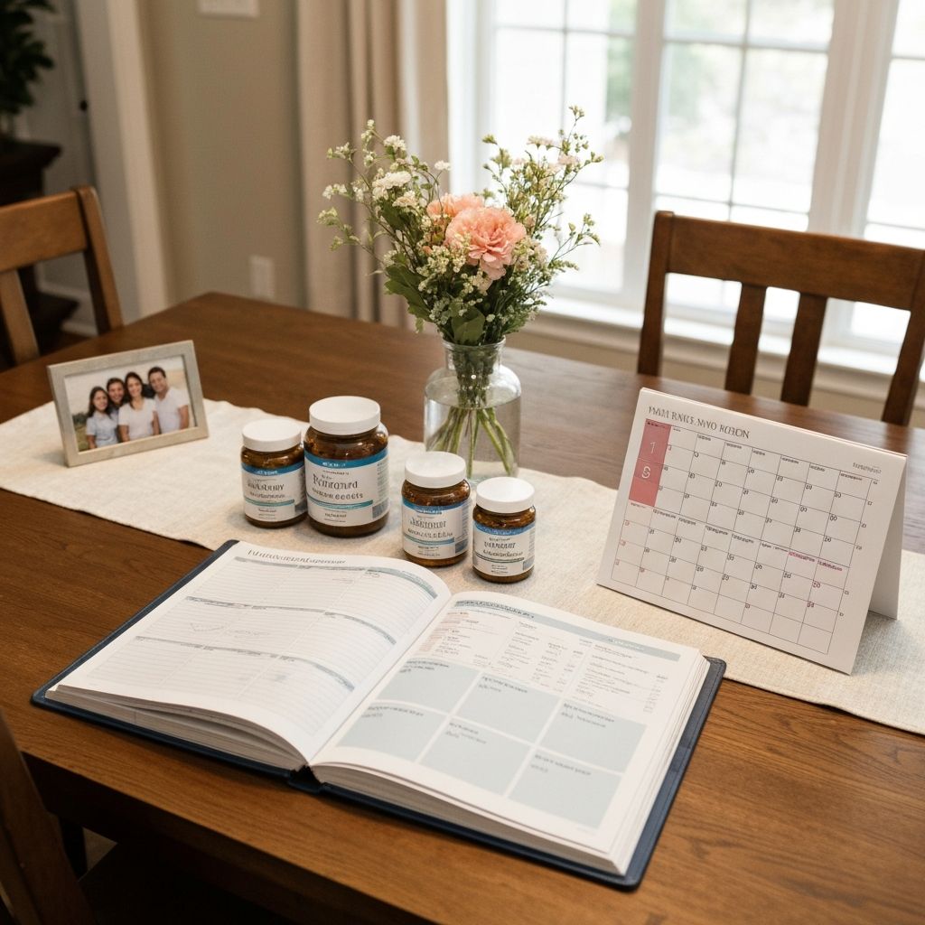 Esstisch mit Wellness-Planer, Supplement-Gläsern und Kalender