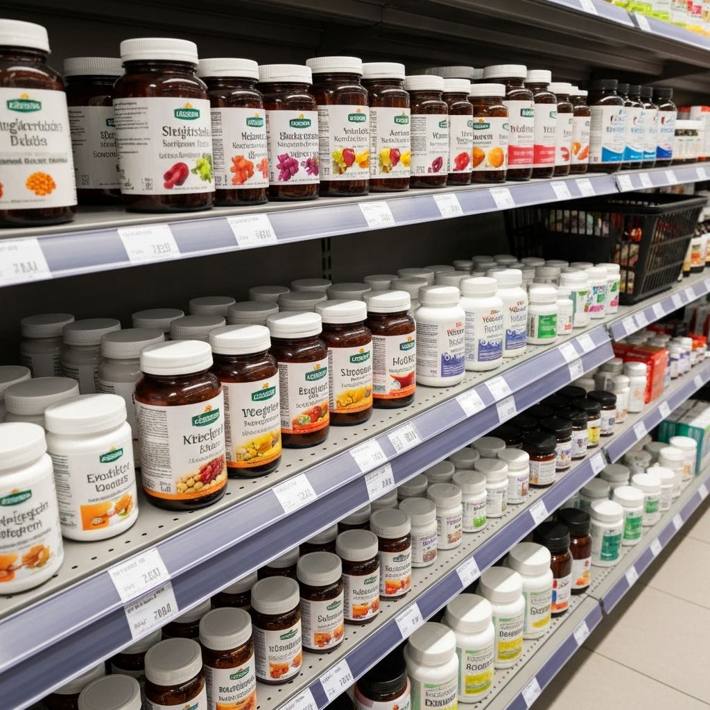 Supermarktregal mit Supplementen und Einkaufskorb
